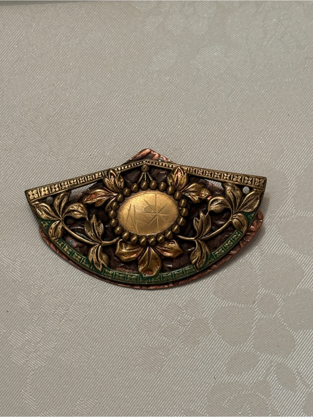 Fan Shaped Brooch Pewter and Copper Style